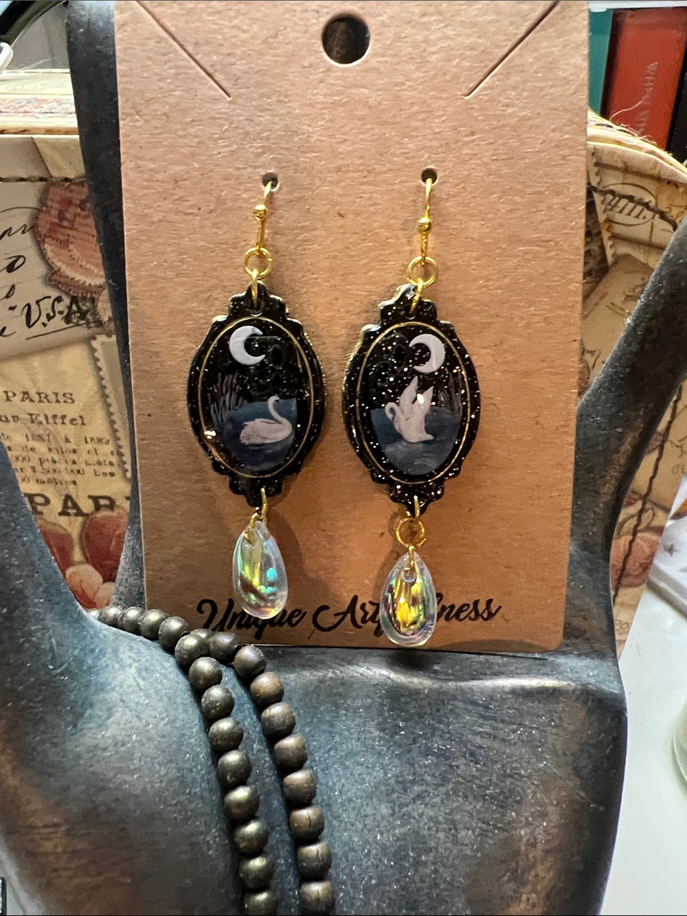 Unique Artfulness Black and Gold Swan Moon Drop Earrings